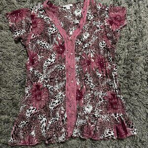 Y2K Plus Size Dress Barn Fairy Pink And Brown Lace Trim Blouse Size 2X